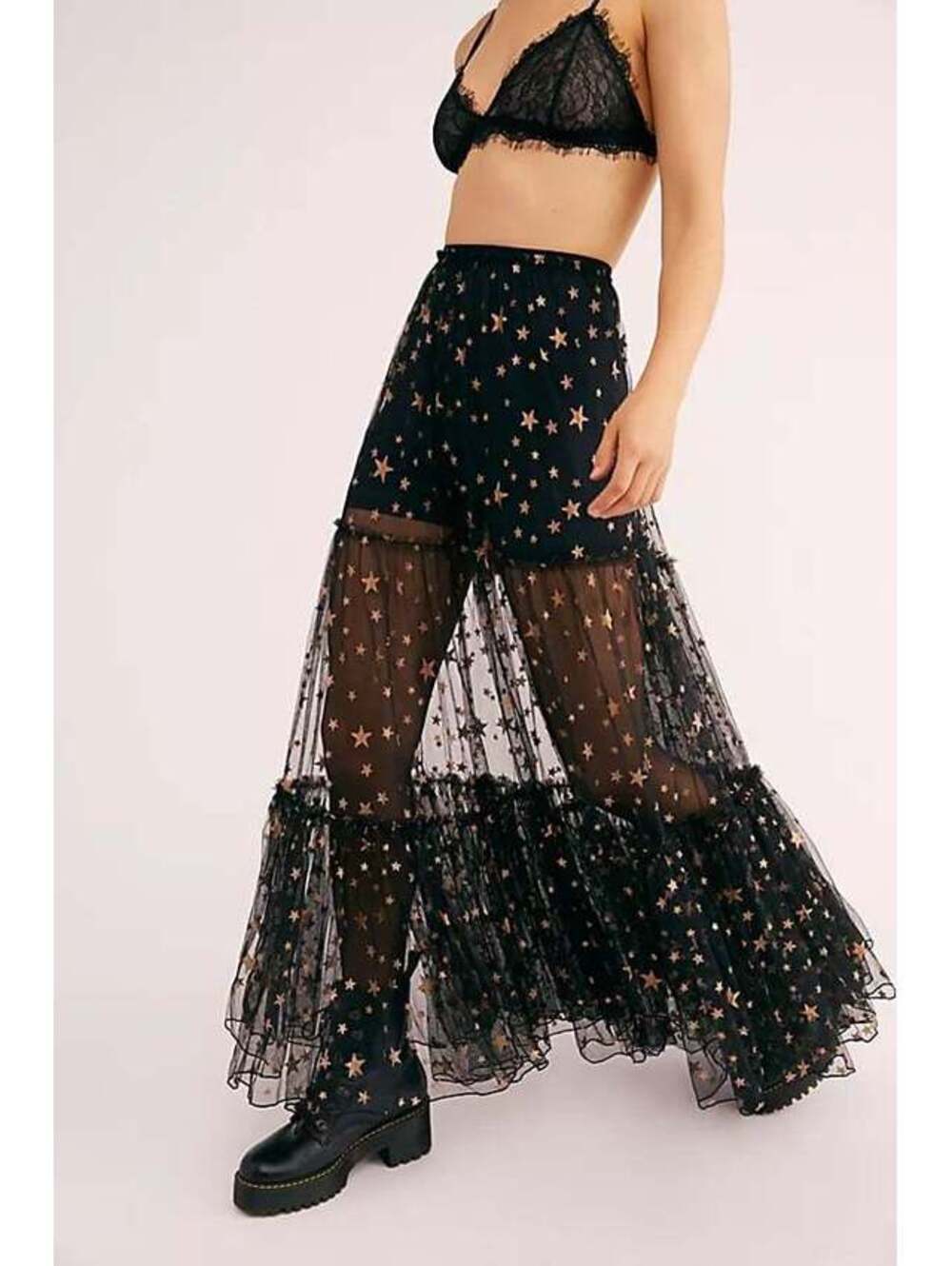Free People New Way to Shine Black Sheer Star-Embellished Maxi Skirt XS